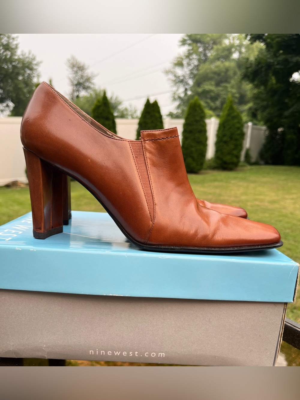 Nine West Cognac Leather Square toe Block Heel Booties.